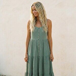 Rylee & Cru Rainforest sage Green Gauzy Button Dress front pockets anthropologie